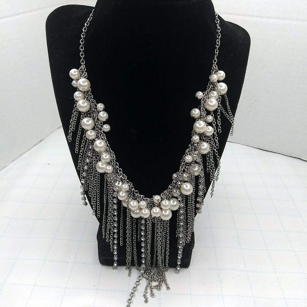 Silver Pearl Rhinestone Fringe Chain Necklace